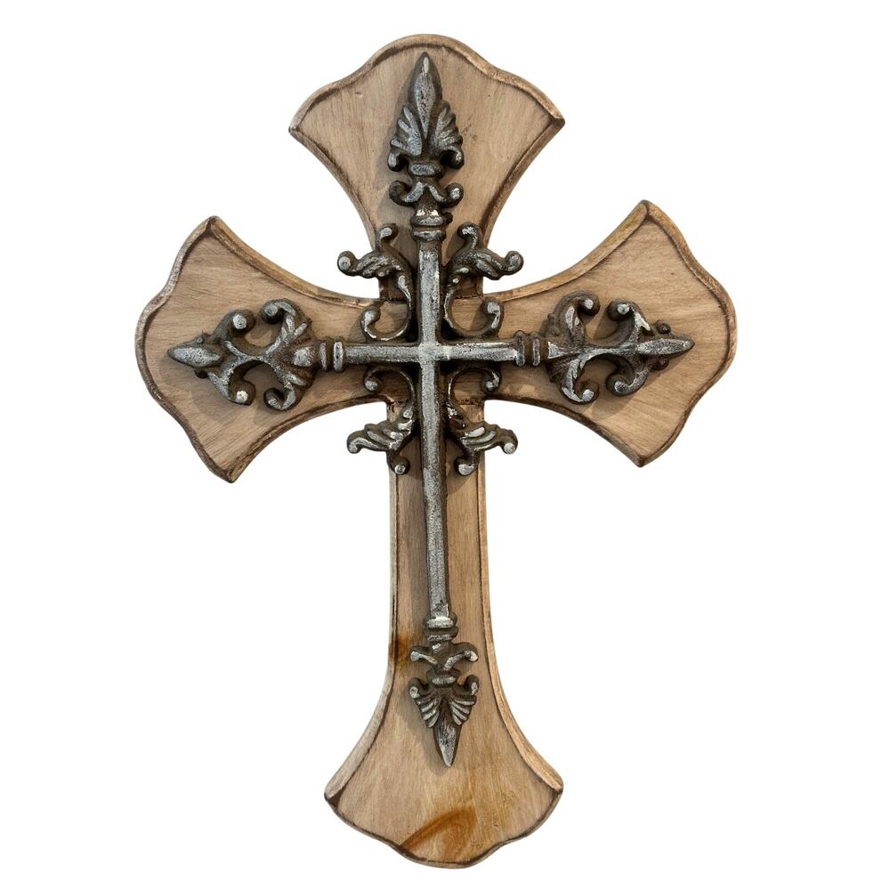 Heavy Primitive Rustic Wooden Cross with Intricate Cast Iron Overlay 17" x 12"